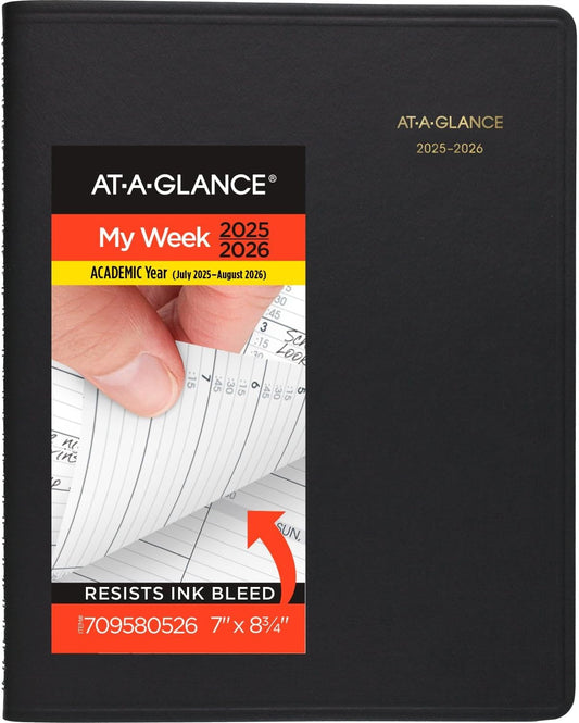 AT-A-GLANCE Planner 2026-2027 Weekly Academic 14-Month July-August, Quarter-Hourly Appointment Book, 8-1/4" x 11", Black (7095705)