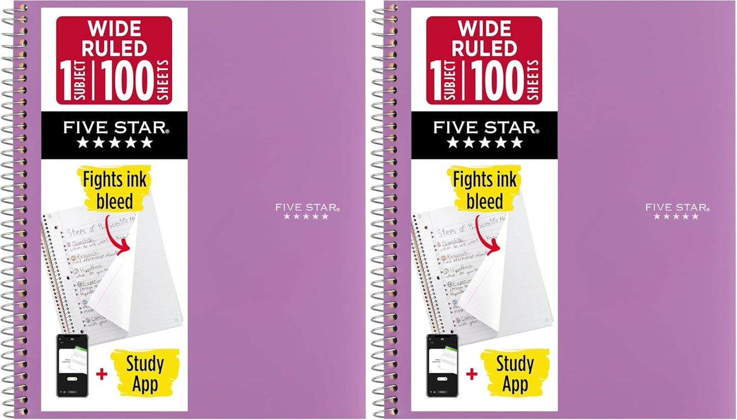 Five Star Spiral Notebook + Study App, 1 Subject, Wide Ruled Paper, 8" x 10-1/2", 100 Sheets, Fights Ink Bleed, Water Resistant Cover, Tidewater Blue (72875)
