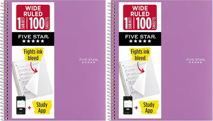 Five Star Spiral Notebook + Study App, 1 Subject, Wide Ruled Paper, 8" x 10-1/2", 100 Sheets, Fights Ink Bleed, Water Resistant Cover, Tidewater Blue (72875)