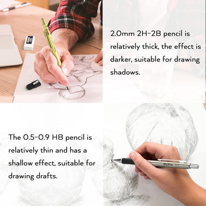 Nicpro 35PCS Art Mechanical Pencil Set, 3 PCS Metal Drafting Pencil 0.5 mm & 0.7 mm & 0.9 mm & 3 PCS 2mm Lead Holder (6B 4B 2B HB 2H 4H Colors) For Sketching Drawing With 20 Tube Lead Refills Case