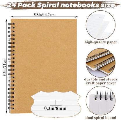 MIVIDE 24 Pack A5 Bulk Spiral Notebooks with Kraft Cover, 8.3 x 5.8 Inch 120 Pages Hardcover Spiral Lined Notebook Journal, Lined Travel Bulk Writing Notebook for School Office Supplies(Black, Kraft)