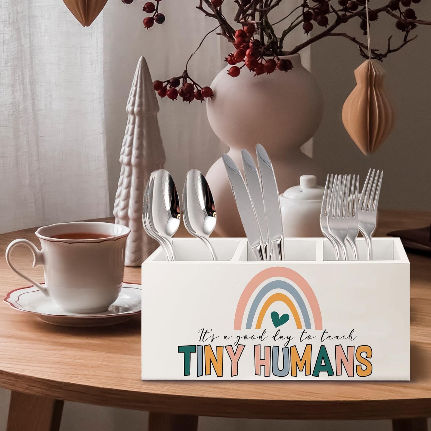 Teacher Appreciation Gifts, Boho Rainbow Teacher Wooden Pen Pencil Holder for Office Desk, Back to School Supplies Gifts for Teachers, It's a Good Day to Teach Tiny Humans