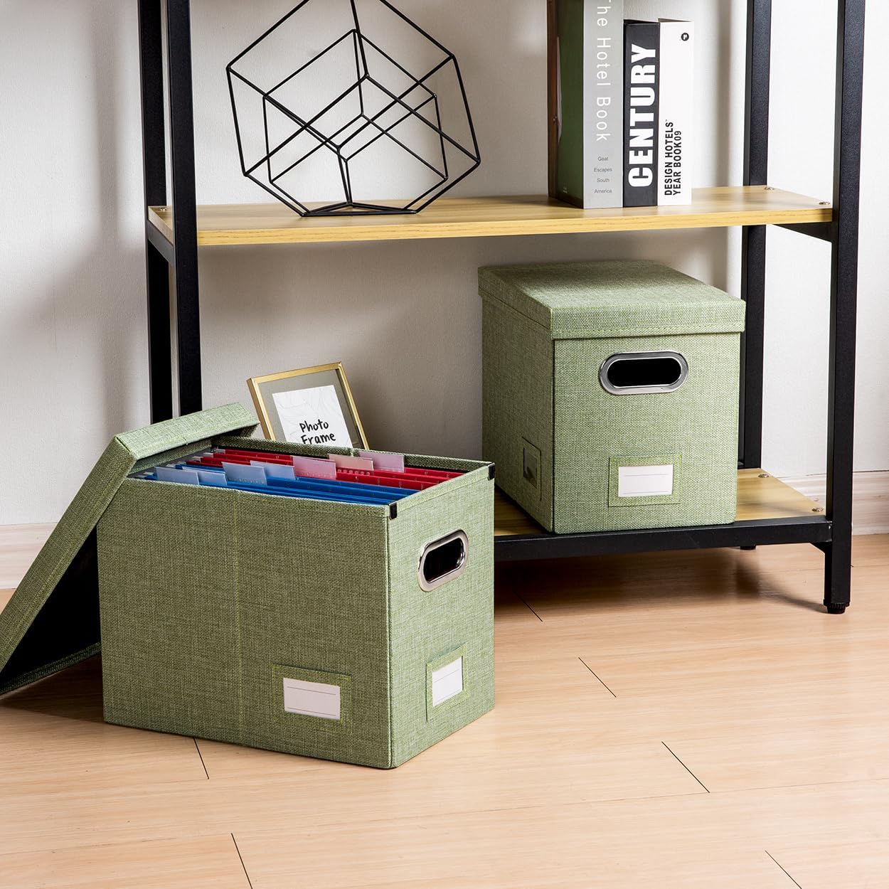PRANDOM File Organizer Box - Collapsible Decorative Linen Filing Storage with Lids for Letter Size - Grey (14x9.3x10.8 inch)