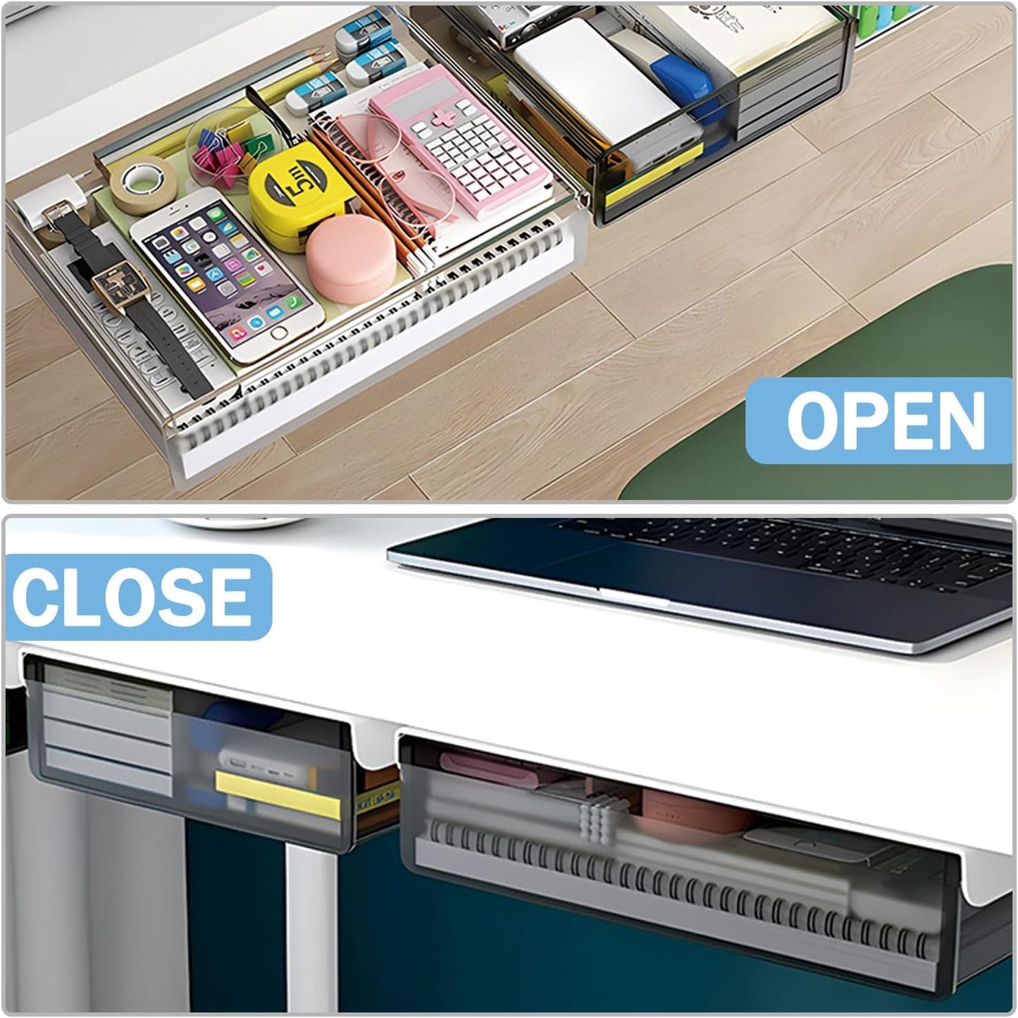 SVNNELP Under Desk Table Drawer Storage Organizer Slide Out, Attachable Hidden Self-Adhesive Under Desk Pencil Tray Drawer for Office/Classroom/Home (Clear Black/M)