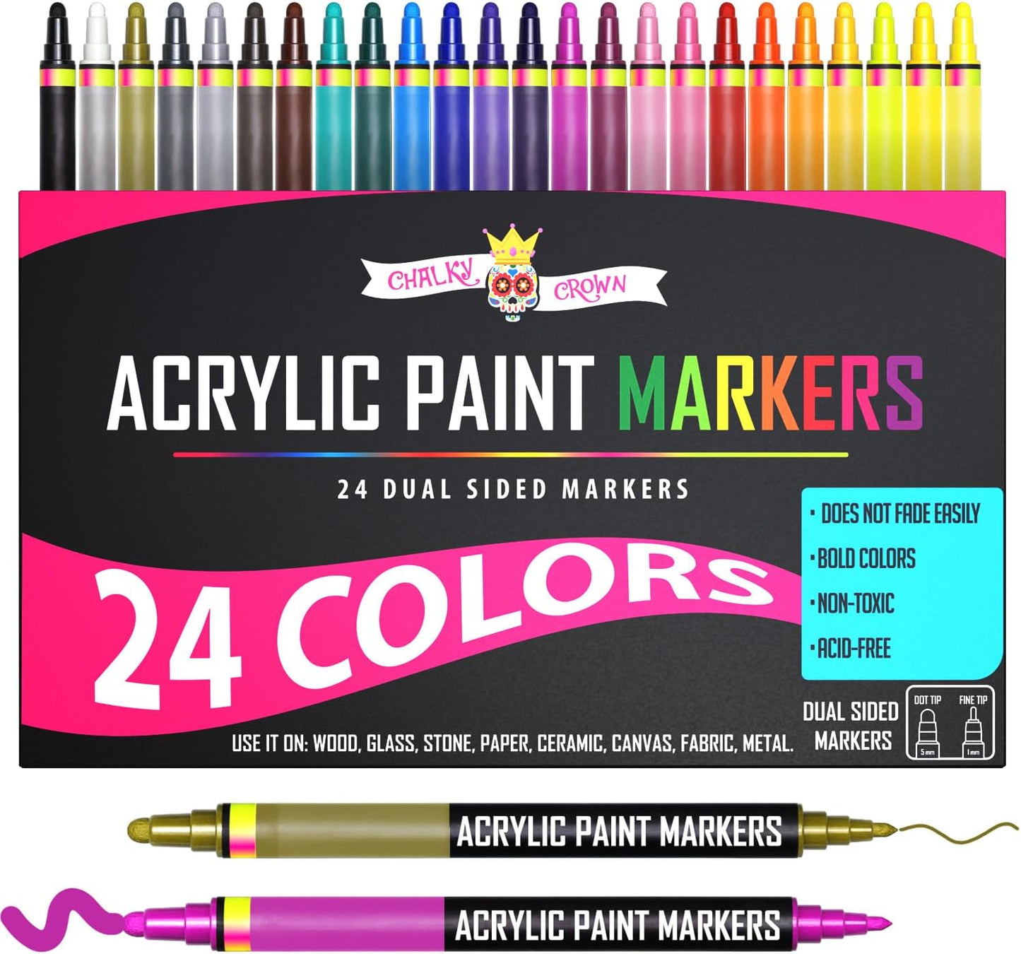 Acrylic Paint Markers Dual Tip (12 Pack) - Acrylic Markers Paint Pens for Rocks - Bold Acrylic Paint Pens Fine Tip and Dot Tip - Fabric Makers Permanent for Clothes Water Based Markers - Chalky Crown