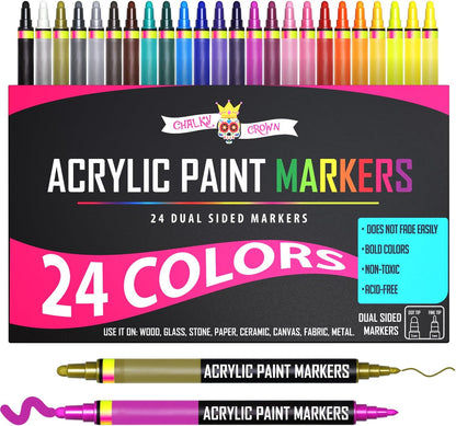 Acrylic Paint Markers Dual Tip (12 Pack) - Acrylic Markers Paint Pens for Rocks - Bold Acrylic Paint Pens Fine Tip and Dot Tip - Fabric Makers Permanent for Clothes Water Based Markers - Chalky Crown