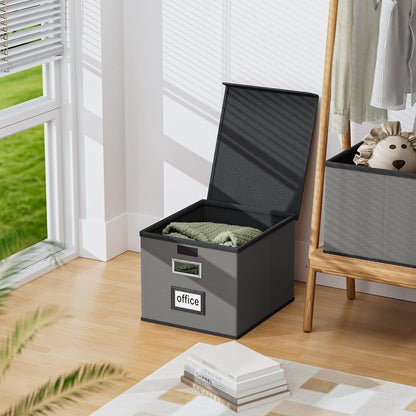Huolewa Upgraded Portable File Organizer Box with Lid, Collapsible Linen Hanging Filing Storage Boxes with Plastic Slides, Decorative Home/Office Filing System Box for File and Folders Storage (Gray)