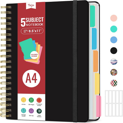 Hardcover Spiral Journal Notebooks for Work With Removable Dividers & Tabs, 8.5"x11" 5 Subject Notebook for Note Taking & Organizer, A4 College Ruled Lined Journal for Women & Writing, Aquamarine, 280 Pages