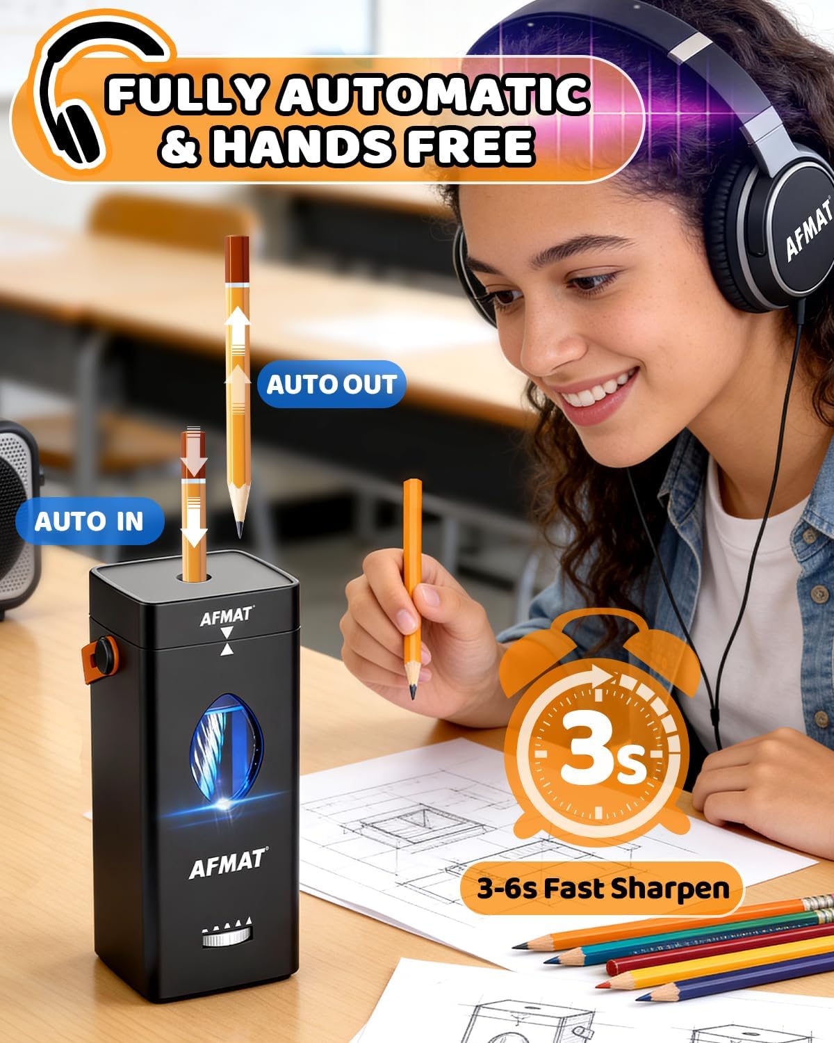AFMAT Electric Pencil Sharpener, Rechargeable & Cordless, Fully Automatic Pencil Sharpener for Classroom, Auto in & Out, 5 Sharpness Modes, Heavy Duty Sharpeners for 6-12mm No.2/Jumbo Pencils PSC7