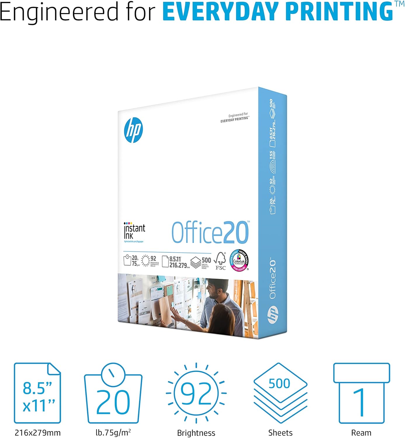 HP Printer Paper | 8.5 x 11 Paper | Office 20 lb | 3 Ream Case - 1500 Sheets | 92 Bright | Made in USA - FSC Certified | 112090C, White