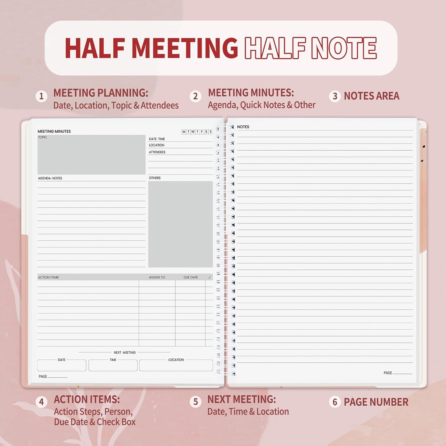 SUNEE Half Meeting Half Note - 7.5"x10" Professional Notebooks for Work - 160 Pages, B5 Size Project Planner, Spiral Meeting Agenda/Minutes Organizer for Women Men, Note Taking, Office & Business