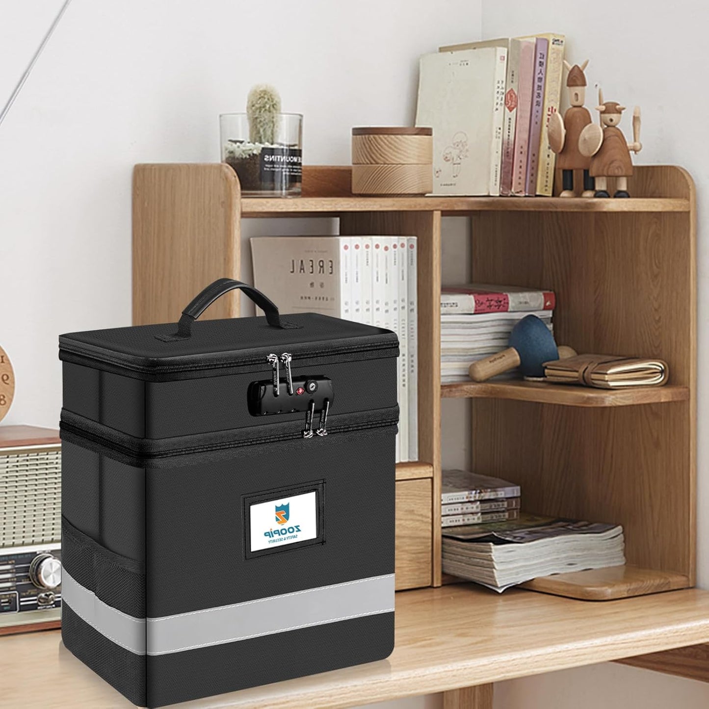Fireproof File Box with Lock, Document Box Storage Organizer, Suitable for Hanging File Folders in Letter Size, Collapsible File Box, Reflective Strip for Fast Find (12.2"*6"*10.2, Black)