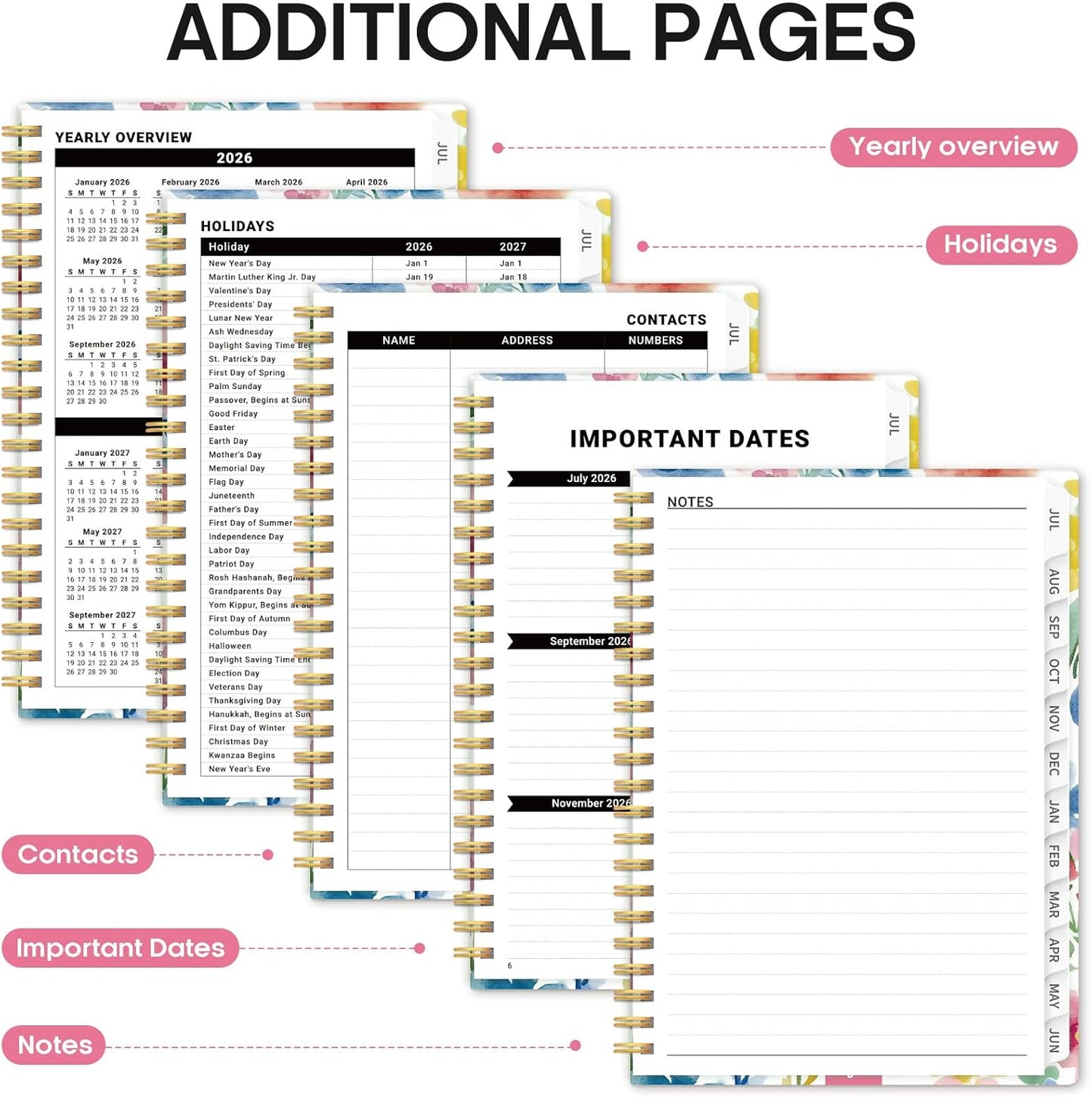 Planner 2026-2027, Academic Year Monthly and Weekly Calendar Planner, Jul 2026 - Jun 2027, Hardcover Teacher Student Planning Agenda book with Tabs, Perfect for School Office Supplies, 6.3" x 8.5" - Wildflowers