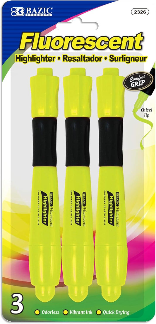 BAZIC PRODUCTS Highlighter – Yellow Color Soft Grip Chisel Tip Highlighter Set, Desk Style Highlighter Pen for Office, School, and Study Use, Fluorescent Yellow Ink, Smooth Marking, 3 Pcs, 1-Pack