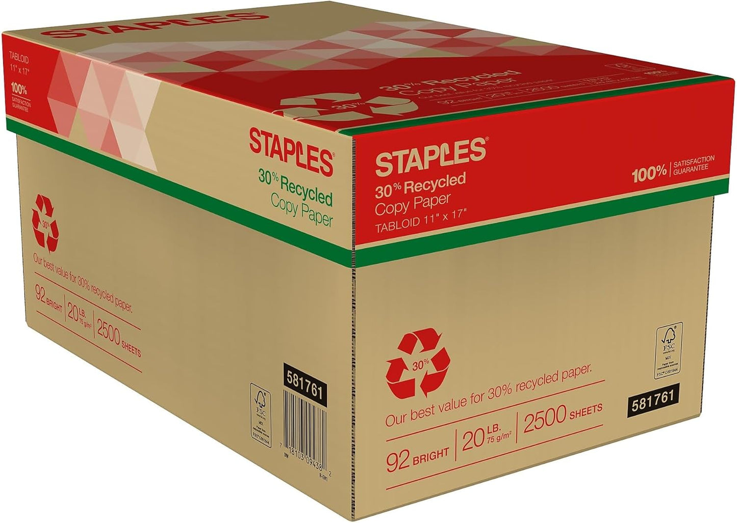 Staples 30% Recycled 11x17 Paper 20 lbs 92 Bright 500/Ream, For Office, School & Home