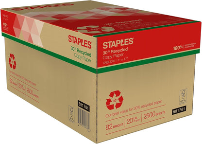Staples 30% Recycled 11x17 Paper 20 lbs 92 Bright 500/Ream, For Office, School & Home