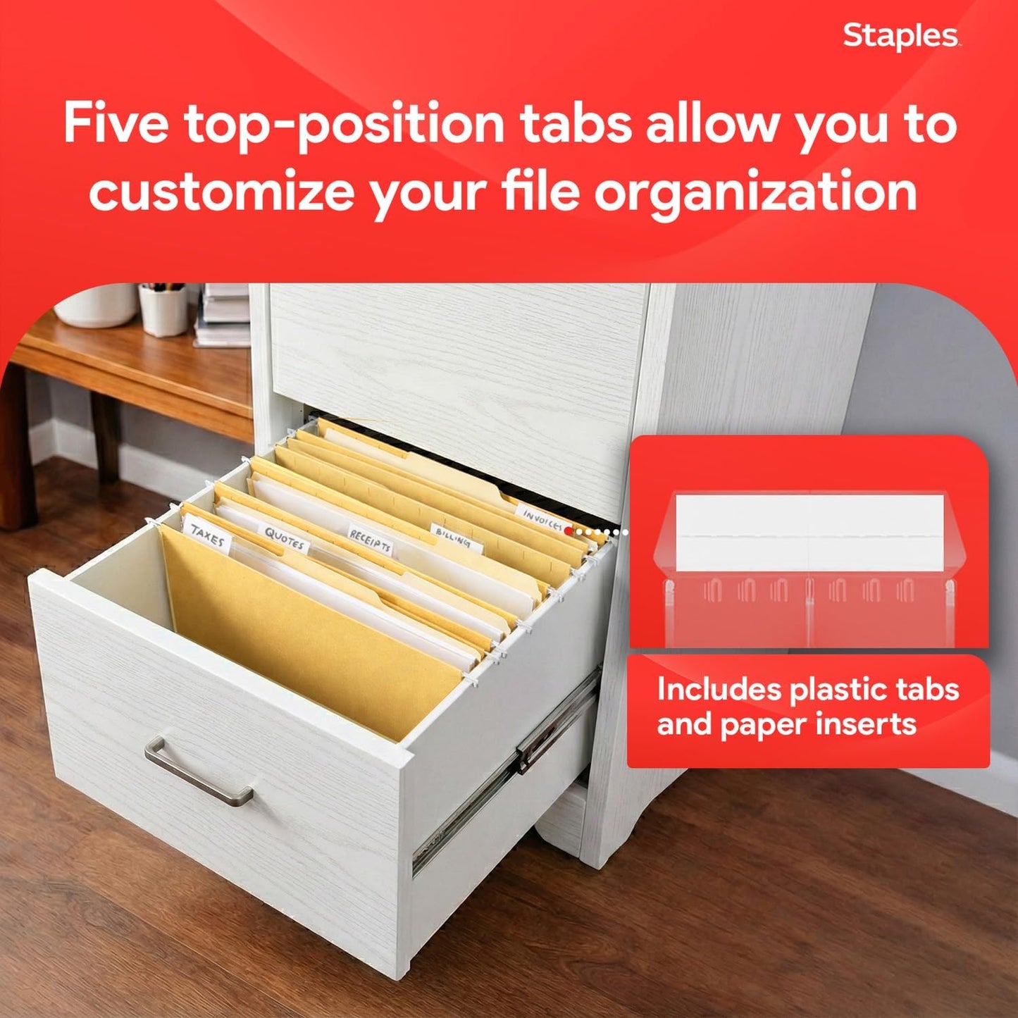 Staples Hanging File Folders, Letter Size, Blue, 5‑Tab, 1/5‑Cut Tabs, Includes Tabs & Inserts – 25/Pack