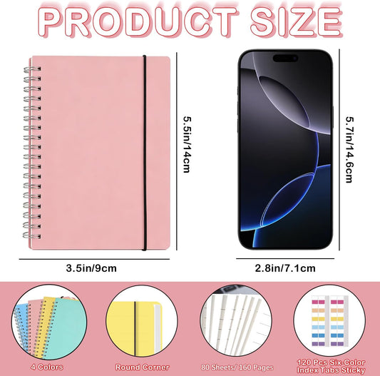 4 Pack Small Spiral Notebooks 3.5 x 5.5 in College Ruled, Mini Spiral Notebook, Waterproof 80 Sheets/160 Pages, Pocket Notebook with 120 Pcs Sticky Index Tabs for Home Office College School
