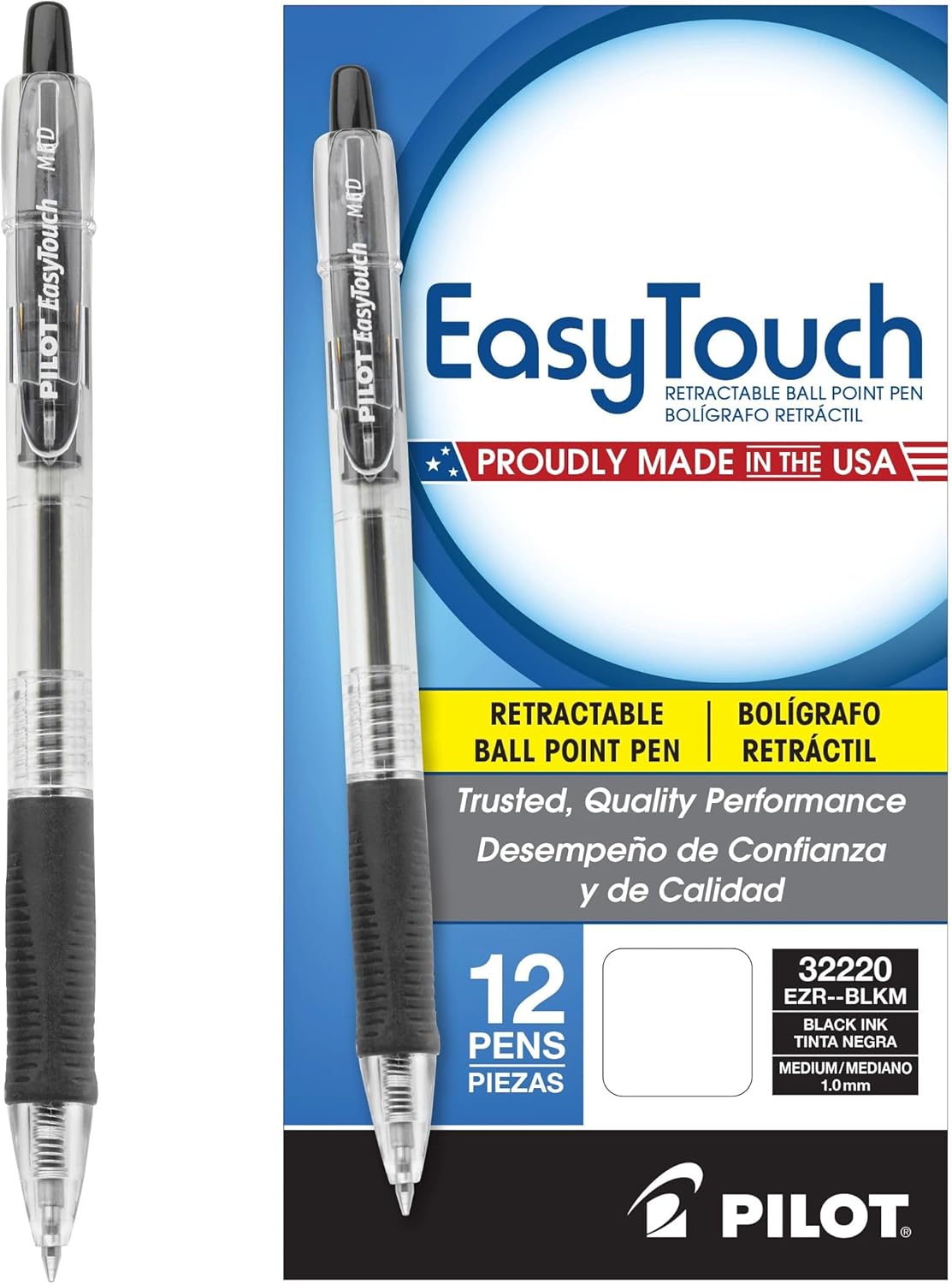 PILOT EasyTouch Refillable & Retractable Ballpoint Pens, Medium Point, Blue Ink, 12-Pack (32221)
