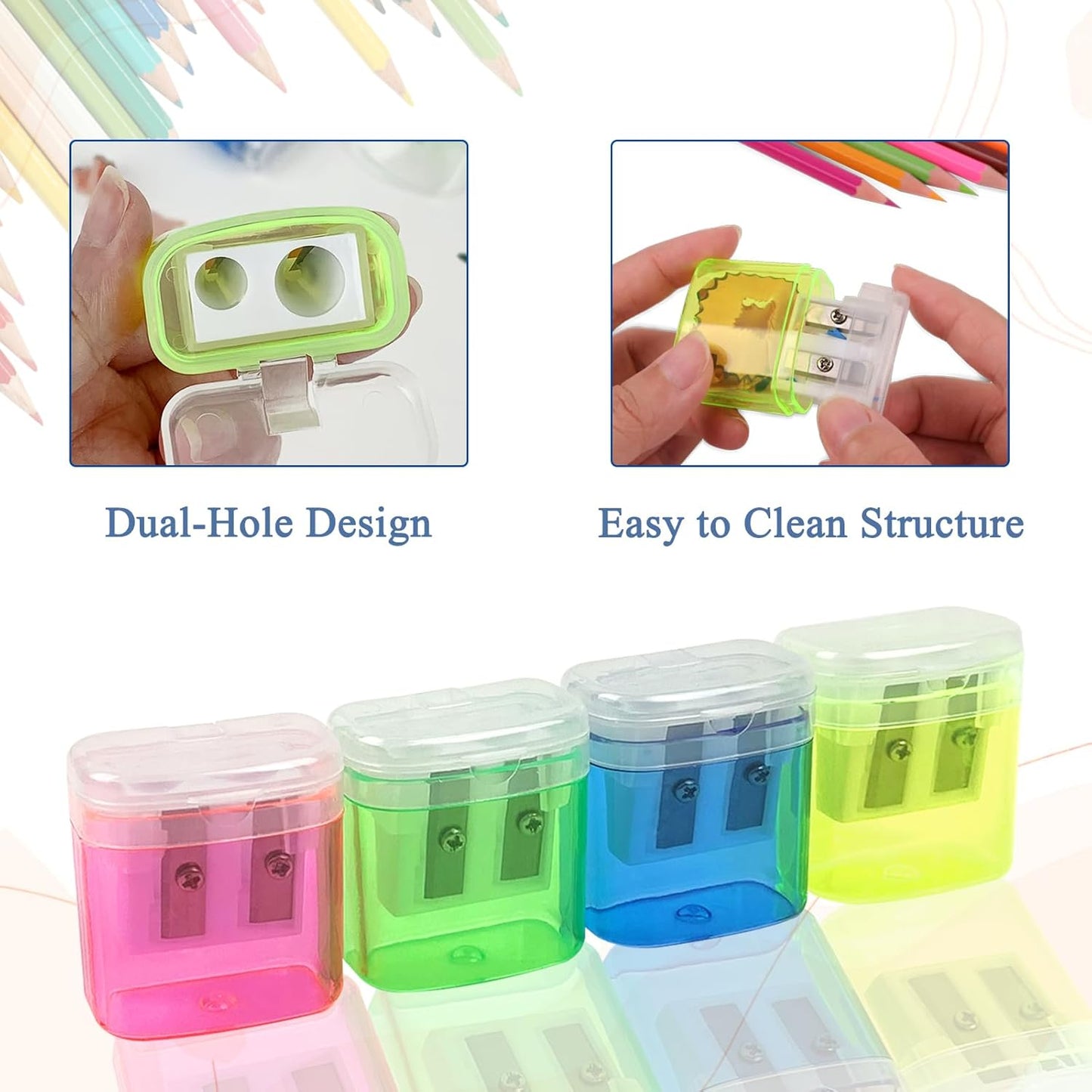 ZUFECY 6 Pack Dual Hole Pencil Sharpener with Debris Chamber, Child-Safe Manual Sharpener for School Office Home Art Supplies (Anti-Slip Design)