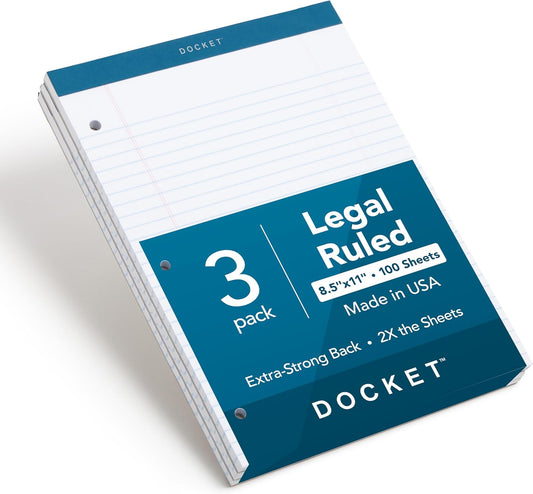 TOPS Docket Writing Pads, 8-1/2" x 11-3/4", Legal Rule, White Paper, 3-Hole Punched, 100 Sheets, 3 Pack (63393)