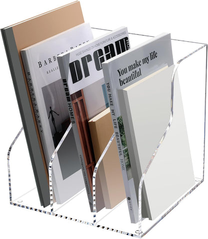 HeZone Acrylic Magazine Rack File Holder Desk Organizers and Storage 2-Pack Small Clear Acrylic Vertical Magazine Holder Book Stand for Office Desk