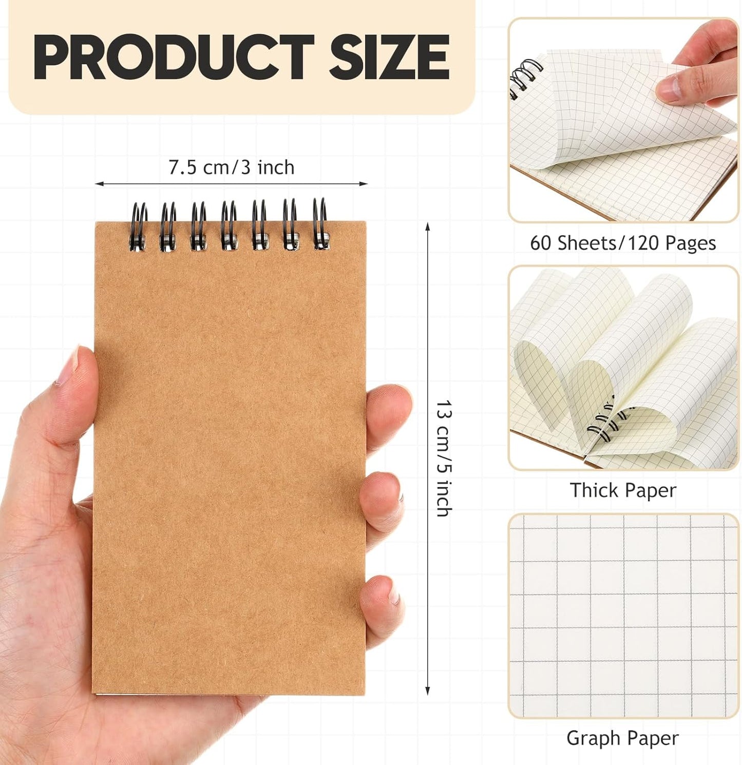Jutom 2 Pcs Mini Pocket Notebooks Bulk 3x5 Graph Paper Top Spiral Notebook 120 Pages 80 Gsm Mini Grid Notepads Small Memo Pads for Home Classroom Office Business Work Supplies (Kraft)