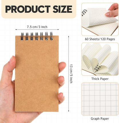 Jutom 2 Pcs Mini Pocket Notebooks Bulk 3x5 Graph Paper Top Spiral Notebook 120 Pages 80 Gsm Mini Grid Notepads Small Memo Pads for Home Classroom Office Business Work Supplies (Kraft)