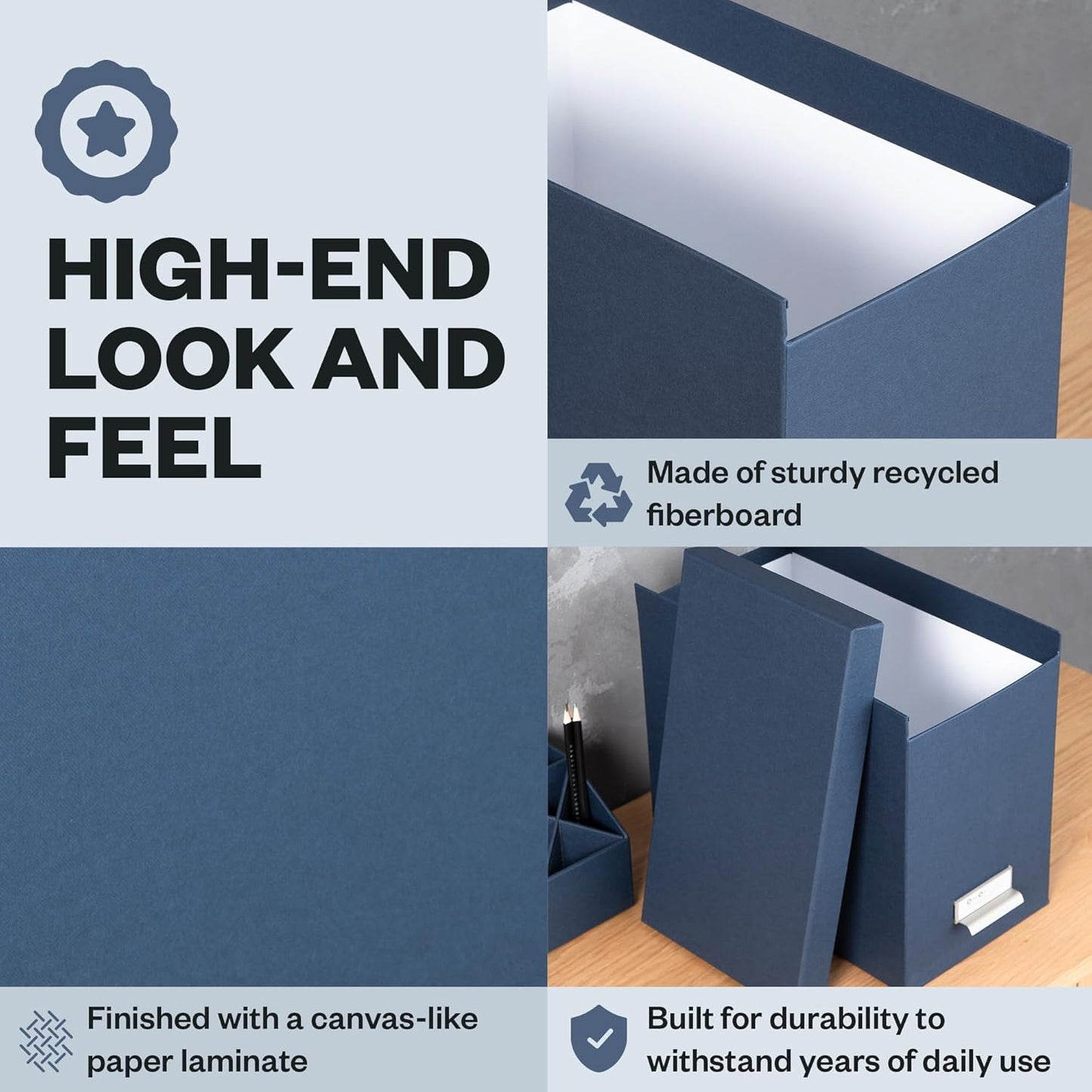 Bigso John Fiberboard Label Frame Desktop File Storage Box - Document Organizer for Important Paperwork - Durable Hanging File Box with a Lid & Metal Label Window - 7.36 x 13.38 x 10.51 in - White