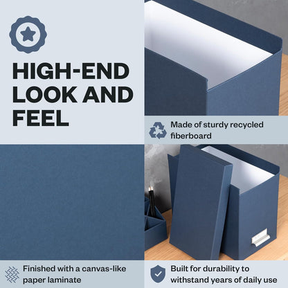 Bigso John Fiberboard Label Frame Desktop File Storage Box - Document Organizer for Important Paperwork - Durable Hanging File Box with a Lid & Metal Label Window - 7.36 x 13.38 x 10.51 in - White
