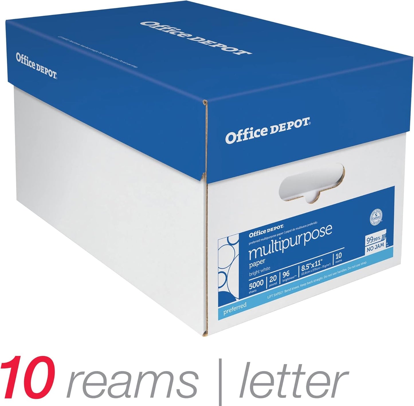 Office Depot® Multi-Use Printer & Copy Paper, 10 Reams, White, Letter (8.5" x 11"), 5000 Sheets Per Case, 20 Lb, 96 Brig