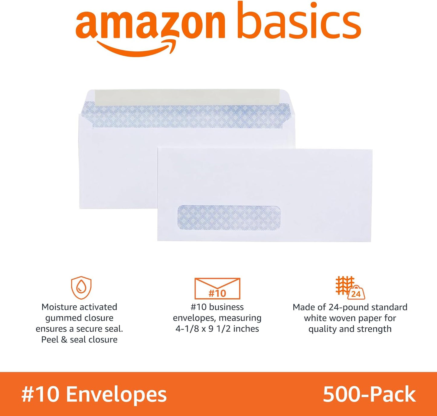 Amazon Basics #10 Security-Tinted Self-Seal Business Envelopes with Left Window for Invoices and Documents, White, 500-Pack