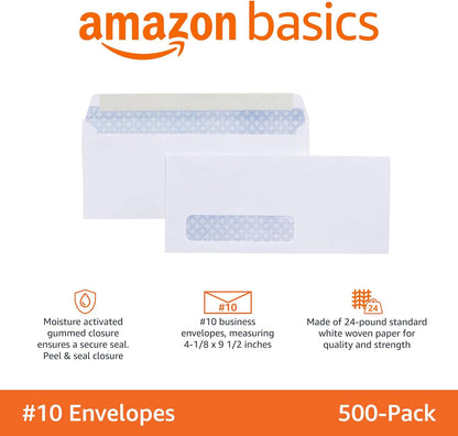 Amazon Basics #10 Security-Tinted Self-Seal Business Envelopes with Left Window for Invoices and Documents, White, 500-Pack