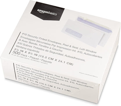 Amazon Basics #10 Security-Tinted Self-Seal Business Envelopes with Left Window for Invoices and Documents, White, 500-Pack