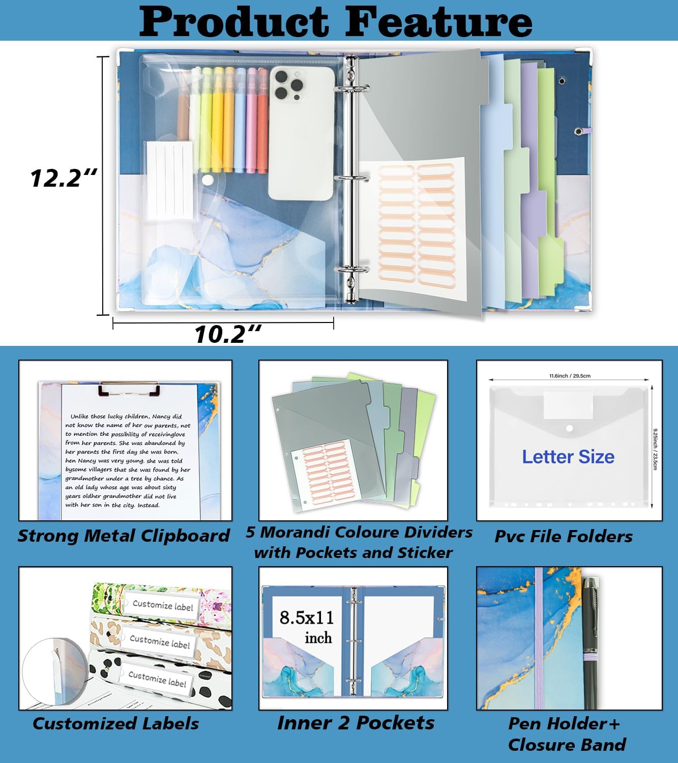 3 Ring Binder 1 Inch, Three Ring Binders Organizer with Clipboard, 5-Tabs Pockets Dividers, Plastic Folder, 18 Divider Stikers, BVSSX Pretty Binder with Pen Loop (Black Weeds, Letter Size)