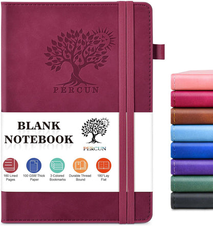 PERCUN Graph Paper Notebook, 160 Pages Grid Journal for women & men, A5 Hardcover Leather Graphing Notebook for School, Work, Travel, Note Taking 5.9”x8.5” (Black)