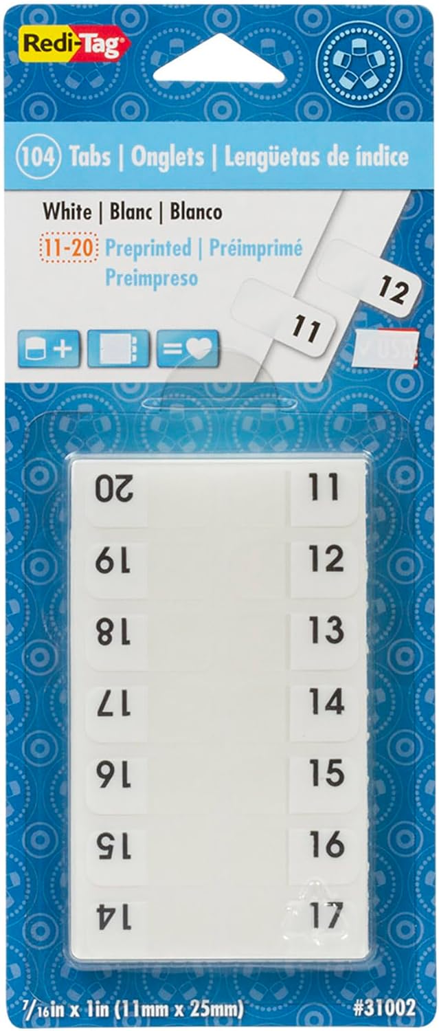 Redi-Tag Numbered Tabs, 11-20 Pre-Printed Divider Tabs, Permanent Adhesive Index Labels, 7/16" x 1", 104 Tabs Per Pack, (B31002)