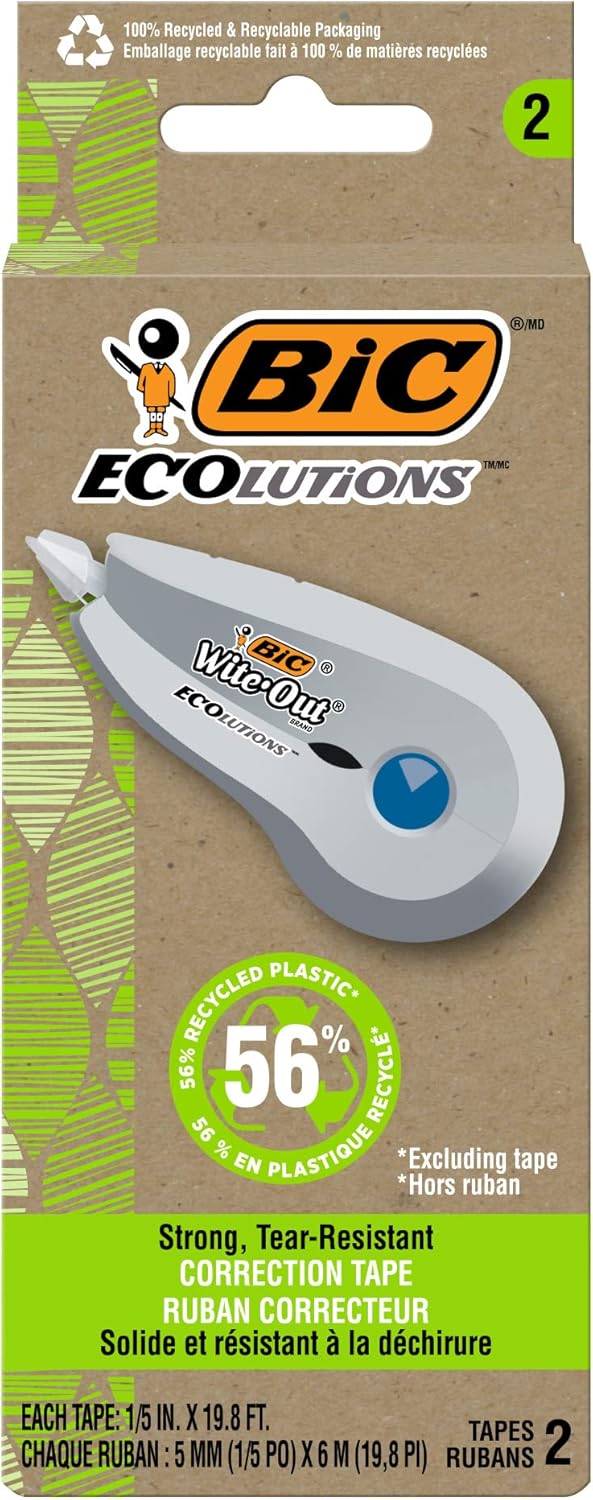 BIC Ecolutions Wite-Out Brand Correction Tape, 19.6 Feet, 2-Count Pack, Correction Tape Made from 56% Recycled Plastic Excluding Tape