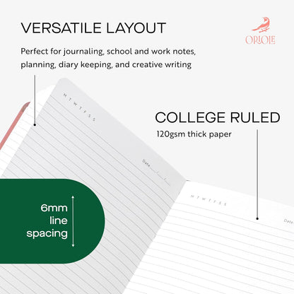 Oriole Vegan Leather Ruled Notebook - Chestnut Brown | 176 Pages of Thick Lined Paper | Soft Touch Hardcover Journal (5 x 8 in) with Gold Foil Bird Design & Luxury Gift Box