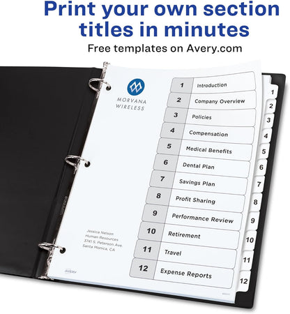 Avery Dividers for 3 Ring Binders, 12 Tabs per Set, Customizable Table of Contents, Classic White Tabs, Great for Organizing Reports, Projects, and More (11140)
