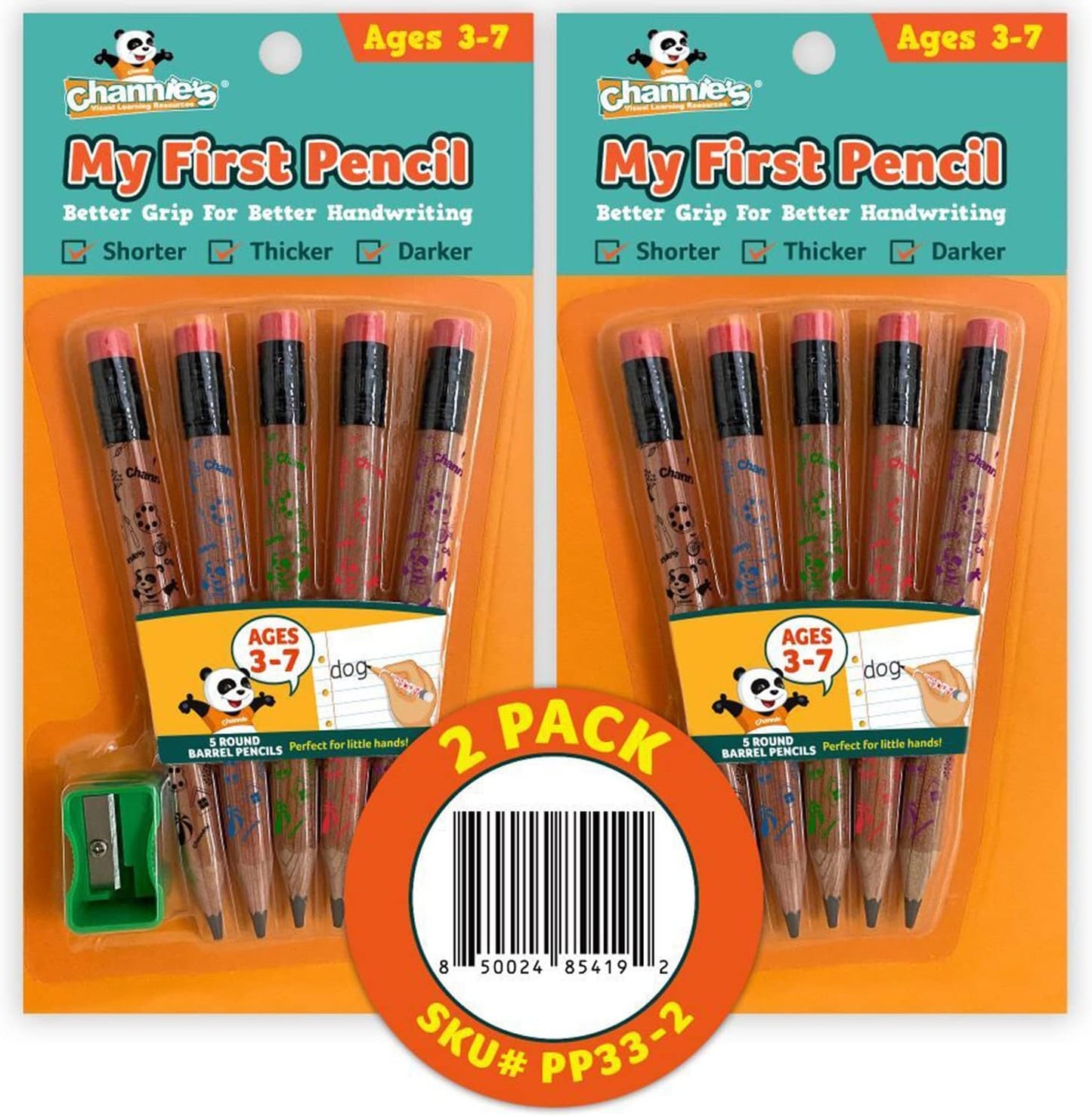 Channie's My First Pencil, Easy-to-Hold Jumbo Pencils for Preschoolers, Kindergarteners & 1st Graders, Brown Wooden 2B Fat Pencils for Kids Ages 3-7, 2 Pack (5 Each) + Sharpener