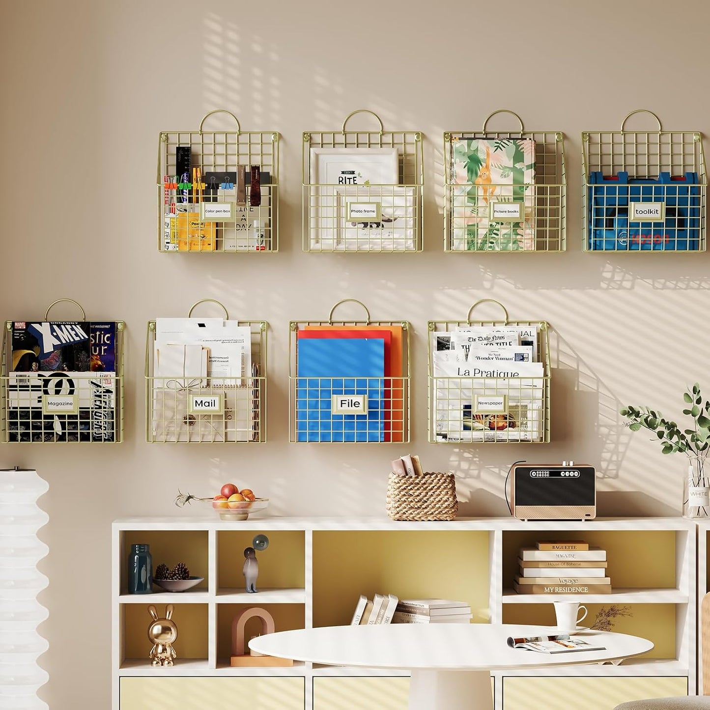 Yuzehuaza Hanging Wall File Organizer Metal Wall Mounted File Holder Folder with Handles and Hooks, Magazine Document Rack, for Home Office or Decor, 3 Packs (Patent Pending)