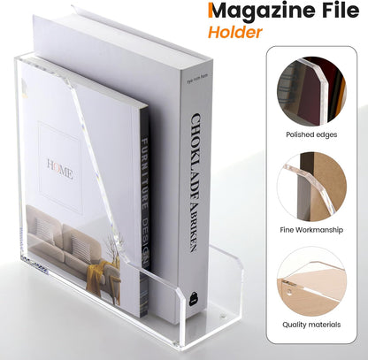HeZone Acrylic Magazine Rack File Holder Desk Organizers and Storage 2-Pack Small Clear Acrylic Vertical Magazine Holder Book Stand for Office Desk