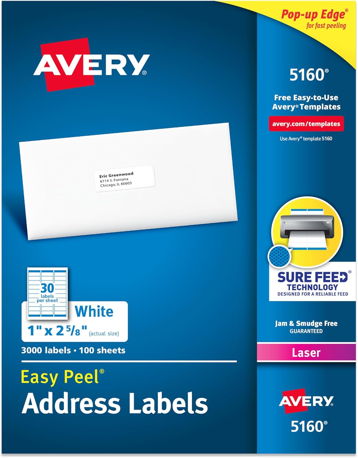 Avery Easy Peel Printable Address Labels with Sure Feed, 1" x 2-5/8" Customizable Stickers, White, 7,500 Blank Mailing Labels, Great for Mailing, Shipping, and More (45160)