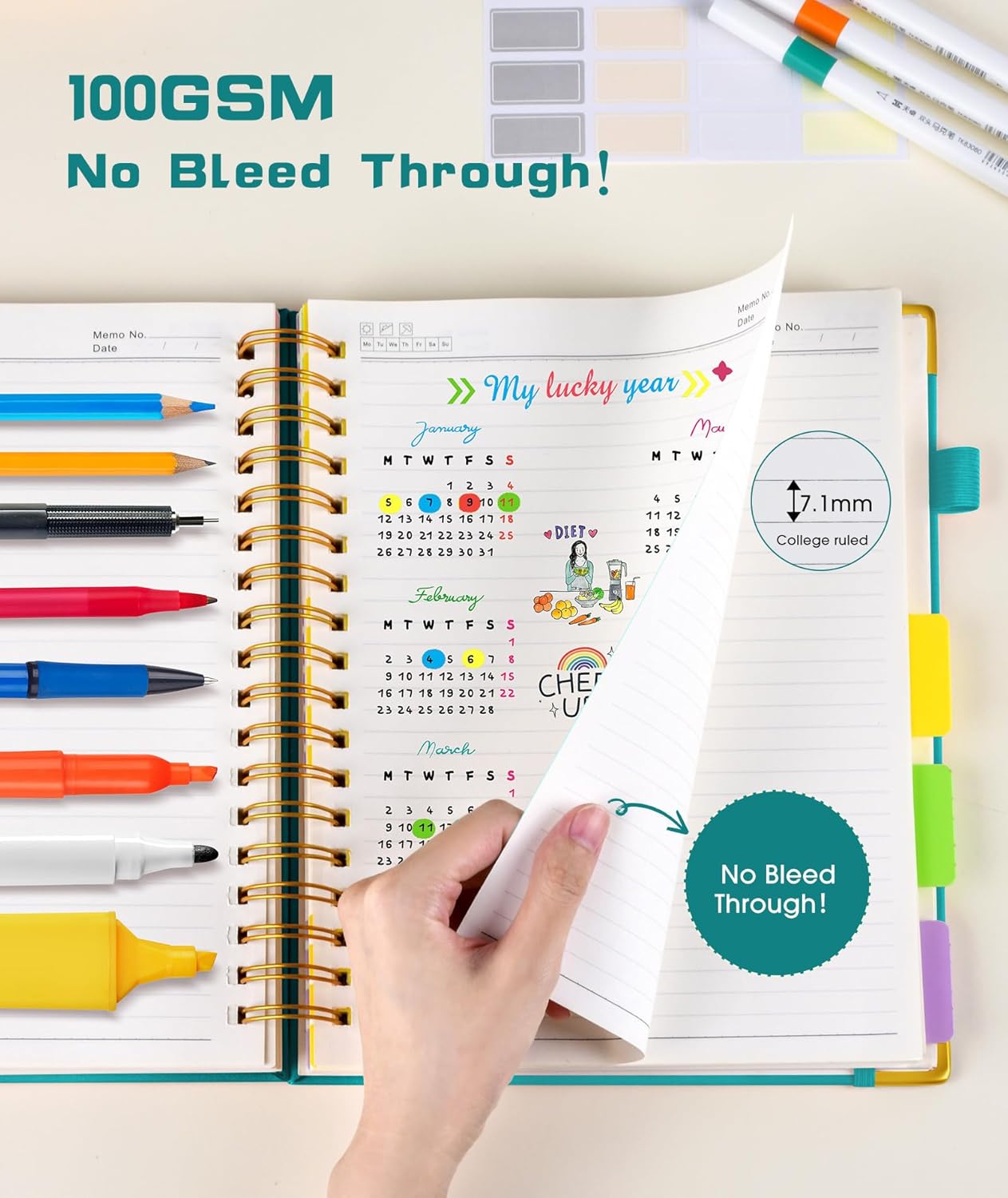 Hardcover Spiral Notebook Journal with Removable Dividers Tabs, 300 Pages Leather 5 Subject Notebook College Ruled, 8"x10" Large B5 Notebooks for Work School Note taking, Lined Journal for Women, Pink