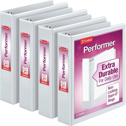 Cardinal Performer 3-Ring Binders, 3", Non-Locking Slant-D Rings, 725-Sheet Capacity, ClearVue Presentation, Non-Stick, PVC-Free, White, 4-Pack (27600)