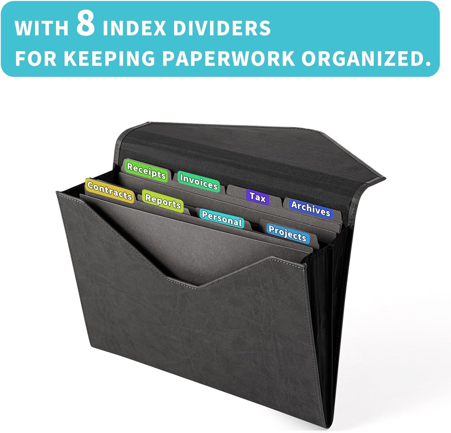 Heture PU Leather Heavy-Duty Expanding File Folder, A5/US Letter Size Document Organizer with 8 Paper File Folders, 4-1/2 Inch Expansion, Black – for Office, Auto Shop, School Paperwork.
