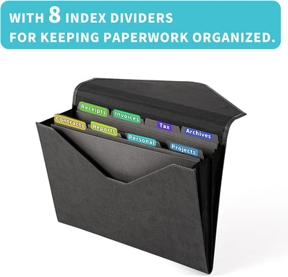 Heture PU Leather Heavy-Duty Expanding File Folder, A5/US Letter Size Document Organizer with 8 Paper File Folders, 4-1/2 Inch Expansion, Black – for Office, Auto Shop, School Paperwork.