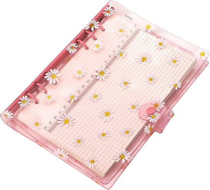 A6 A5 6-Holes Colorful PVC Cover Round Ring View Binder with Snap Button Closure File Folder for Loose Leaf Sheet Protectors Notebook Refill (Pink Daisy, A5 Mini Set) - Colors A