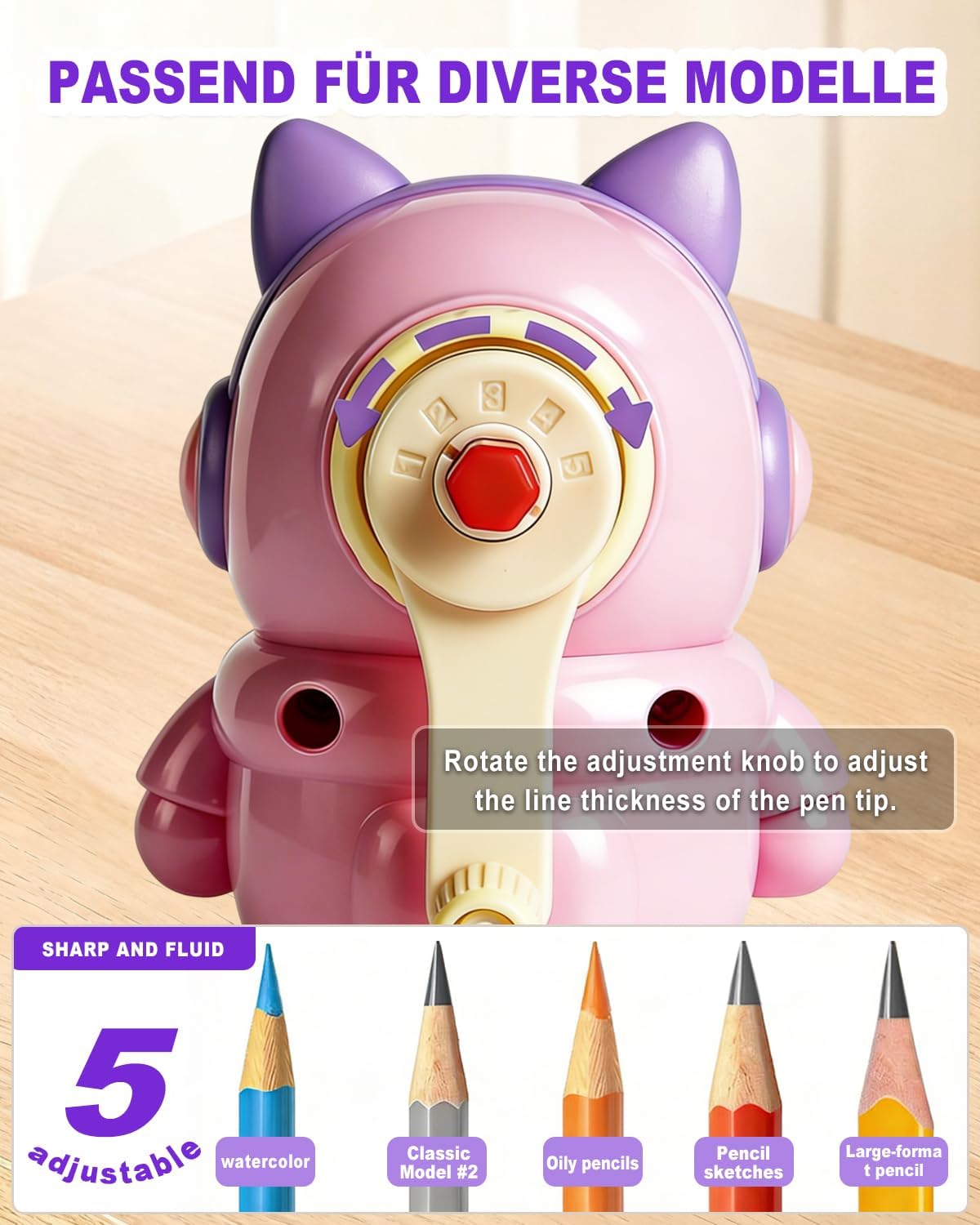 Pencil Sharpener Manual 5 Thickness Adjustable & Self-Feed Hand Crank Desktop Portable Pencil Sharpener for 7.0-8mm Pencil Nibs Classroom Home and Office Artists